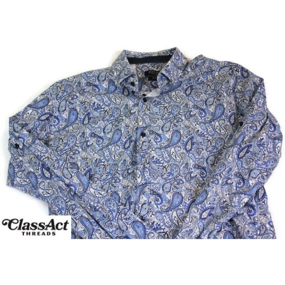 Ego Man Shirt Men's Blue Paisley Slim Fit Button Up Long Sleeve Sz L - Picture 2 of 7